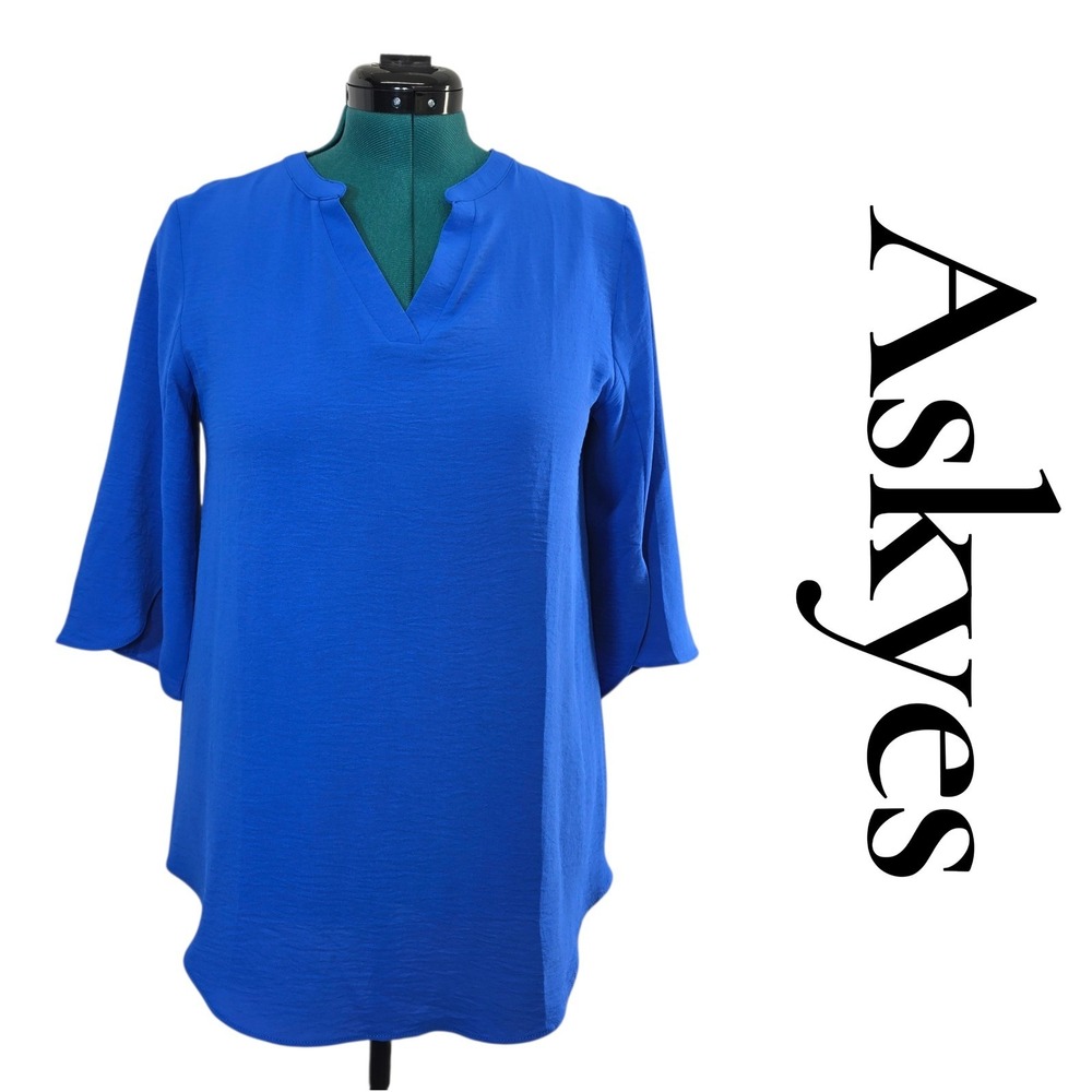 Askyes Blouse Womens Small Royal Blue Polyester Tulip‎ Sleeve V-Neck Tunic Chic